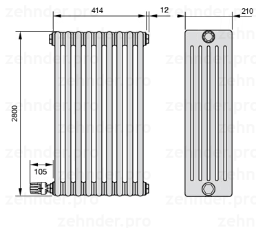 Схема (чертеж) Радиатор Zehnder Charleston 6280/9 №V003 Белый глянцевый RAL 9016